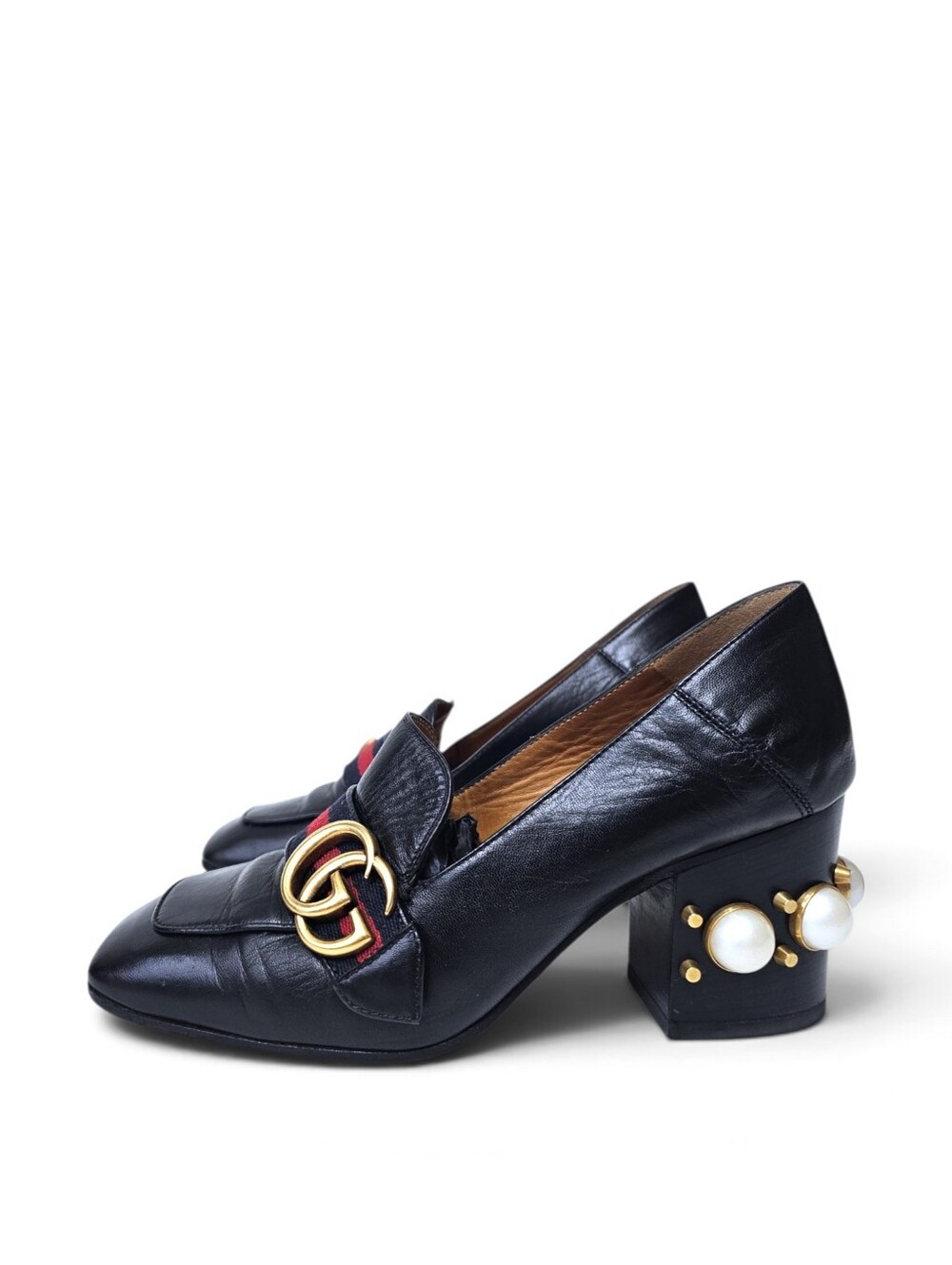 Gucci Black Leather GG Marmont Pearl Embellished Block Heel Loafers Size 36.5